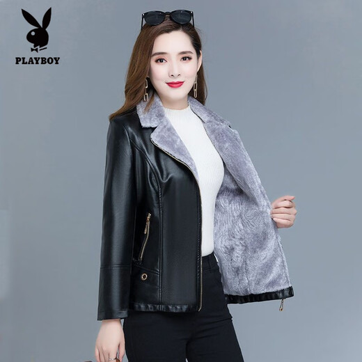 Playboy (PLAYBOY) leather jacket women's velvet thickening short Korean version slim and slim 2025 autumn and winter new fur all-in-one mother's wear Ruiyan black short velvet thickened 7XL 145-160Jin Jin equals 0.5 kg