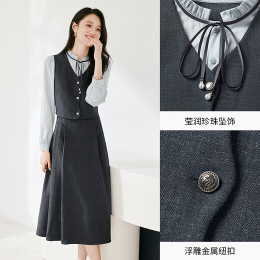 Xiangying francés Falso falso de dos piezas Vestido que abraza la cintura para mujeres 2025 Autumn New Stand Collar High Intelligence Suparing Falda de manga larga Gray M 160/84a/95-110Jin [Jin equivale a 0.5 kg]