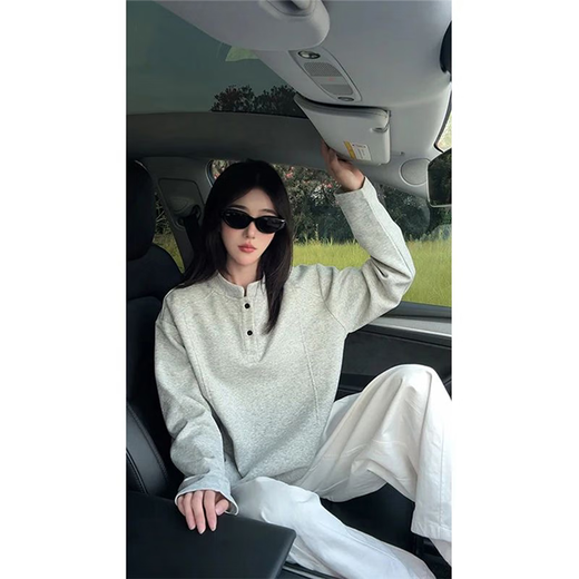 Jufeng American long-sleeved Henry collar T-shirt for men in autumn deconstructed right shoulder polo shirt sweatshirt heavy boxy inner layering shirt white gray upgraded model M 100-115Jin Jin is equal to 0.5 kg