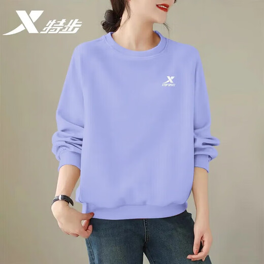 特步（XTEP）卫衣女装秋季新款纯色套头衫学生圆领长袖上衣女宽松潮流运动服女 【春秋薄款】浅紫 M 165 现货速发