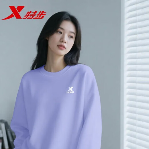 特步（XTEP）卫衣女装秋季新款纯色套头衫学生圆领长袖上衣女宽松潮流运动服女 【春秋薄款】浅紫 M 165 现货速发