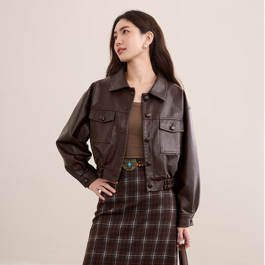 尚都比拉再生纤维素皮衣女秋季摩登通勤翻领长袖机车服宽松显瘦单排扣外套