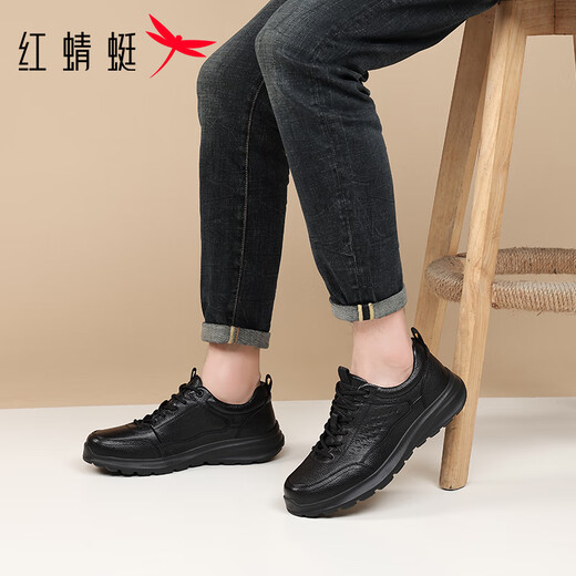 Red Dragonfly Men's Shoes Autumn Cowhide Soft Sole Running Shoes Men's Wear-Resistant Business Light Casual Shoes EXA350361 Black 39