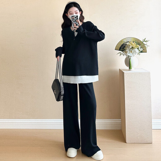 Geman maternity suit autumn suit 2025 large size fashion wear high-end maternity top and pants spring and autumn two-piece set black suit L (recommended 115-130Jin [Jin equals 0.5 kg])