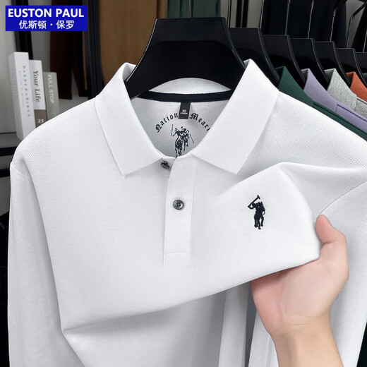 EUSTON PAUL Authentic Autumn New 100% Cotton Men's Long-Sleeved T-Shirt High-end Lapel Embroidery Versatile POLO Shirt for Young and Middle-aged People Black 2XL (54) Weight 155-170Jin Jin is equal to 0.5 kg