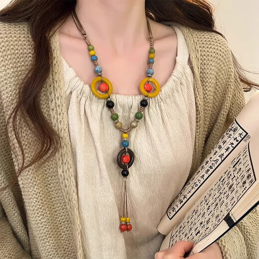 Fan Shengyu Bohemian Style Necklace Women's Ceramic Beads New Chinese Style Exotic Ethnic Style Zen Style Long Clothes Chain Accessories Colorful Beads Yunnan Style Necklace