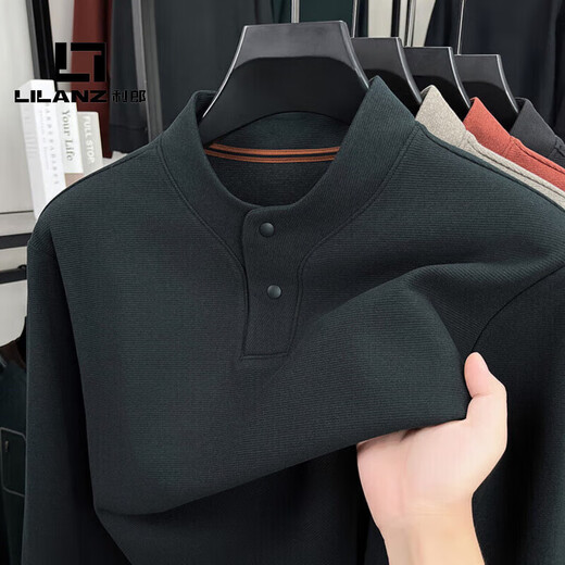 L Lilang's classic Henry collar sweater for men 2025 autumn new business casual fashion loose and comfortable dark gray green S 48
