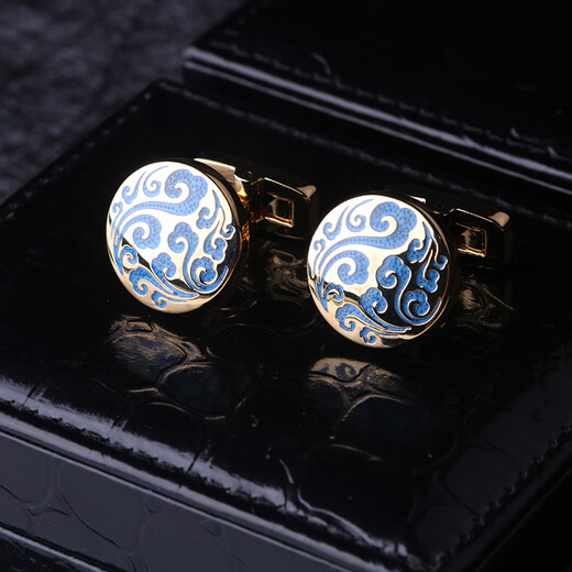 Lieshang cloisonne pattern cufflinks, French shirt cufflinks, men's cufflinks, formal business shirt cufflinks, gold palace enamel blue pattern_cufflinks