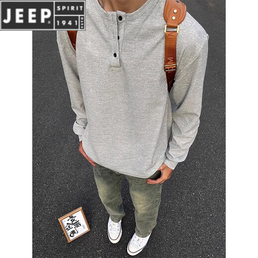 JEEP SPIRIT Jeep light gray Henry collar long-sleeved t-shirt men's autumn and spring trendy brand inner layering shirt American heavyweight po.lo sweatshirt gray L