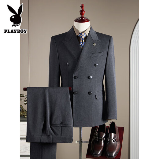 Playboy Double Breasted Wool Suit Men's Suit Business Formal High Quality Slim Plus Size Groom Wedding Suit Three Piece Black Suit+Trousers+Vest L (110-125Jin Jin equals 0.5kg)
