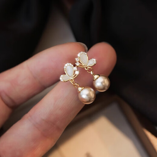 NSYCA Old Phoenix sterling silver 9999 earrings butterfly champagne color pearl earrings 2025 new earrings niche temperament earrings gold-plated sterling silver earrings a pair of Lao Fengxiang