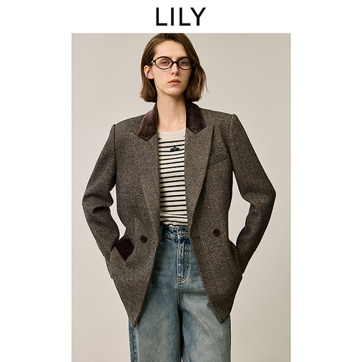 LILY2025 new winter style wool retro Maillard colorful dot velvet waist temperament commuter suit jacket for women 710 coffee M
