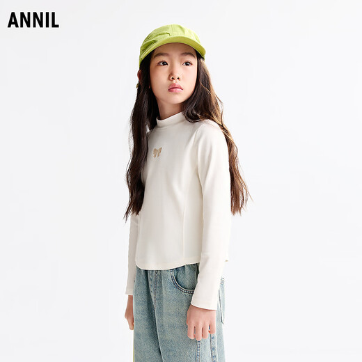 Annai children's wear girls' simple outer wear and inner wear mid-collar long-sleeved sweater 2025 autumn new style toffee white 140cm