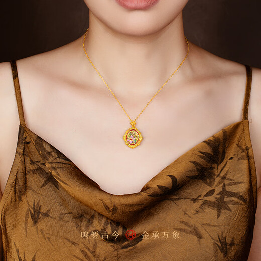 Mingzuan International 18K gold pendant for women au750 ancient charm orchid and field jade necklace enamel palace neck gift for girlfriend
