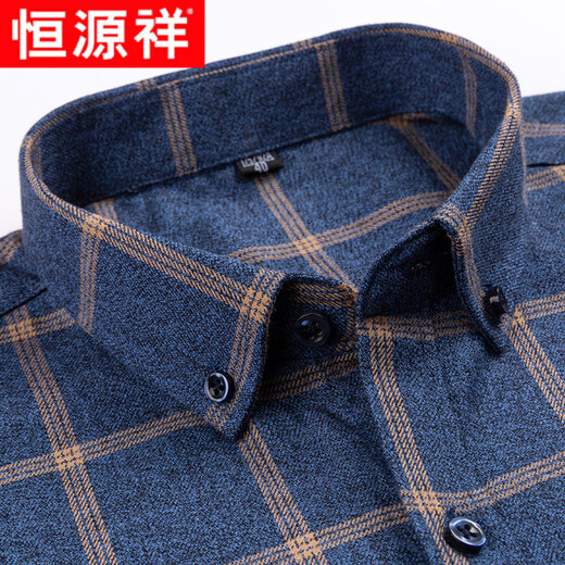 Hengyuanxiang camisa a cuadros cepillada de algodón puro para hombre, camisa holgada de talla grande de algodón de mediana edad para primavera y otoño, camisa holgada de talla grande M802 38