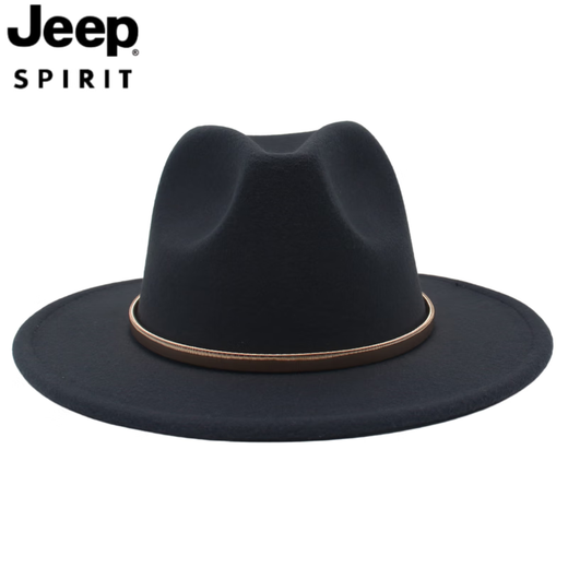 JEEP SPIRIT fedora hat British style men's and women's jazz hat metal accessories large brim felt hat fedorahat black (gold ring) L (59-62cm)