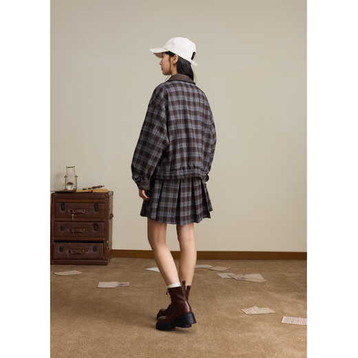 Zihan (ZIHAN) Zihan retro college style coffee grid jacket pleated skirt top and bottom suit skirt for women 2025 autumn new style coffee grid S