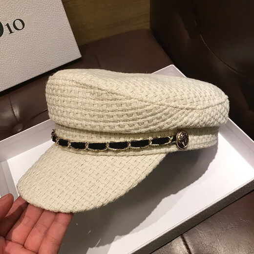 Wine Style Senior Japanese Autumn and Winter New British Flat Top Navy Hat Women's Retro Fashion Chain Peaked Hat Korean Style Octagonal Beret Black M (56-58cm)