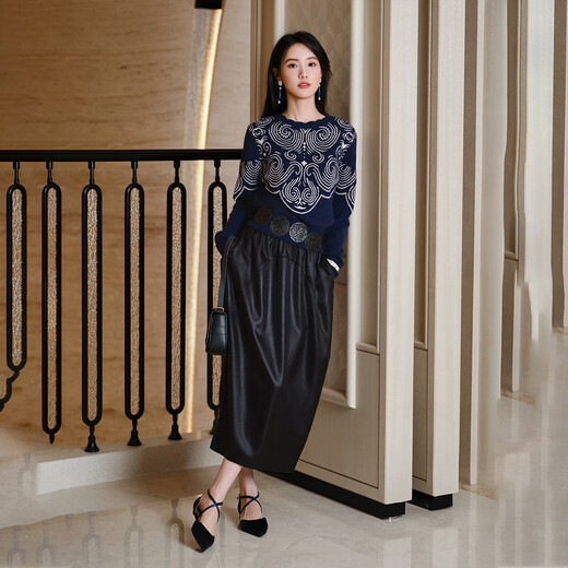 EP Yaying Blue Label Series | Temperament Knitted Jacquard Ethnic Blue Pullover Cardigan Sweater 2025 Winter New Style 9520A White L