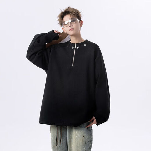 American black rivet half-zip right shoulder sweatshirt men's henley collar long-sleeved T-shirt heavy base layer gray 2XL