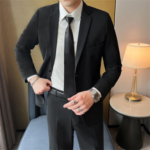 Lilan 2025 New Spring and Summer Suits Men's Jackets Business Casual Tops Groomsmen's Clothes Grooms Wedding Occupation 094 Pieces Black Suit+White Shirt+Trousers+XL Suitable for 120-145Jin Jin equals 0.5 kg