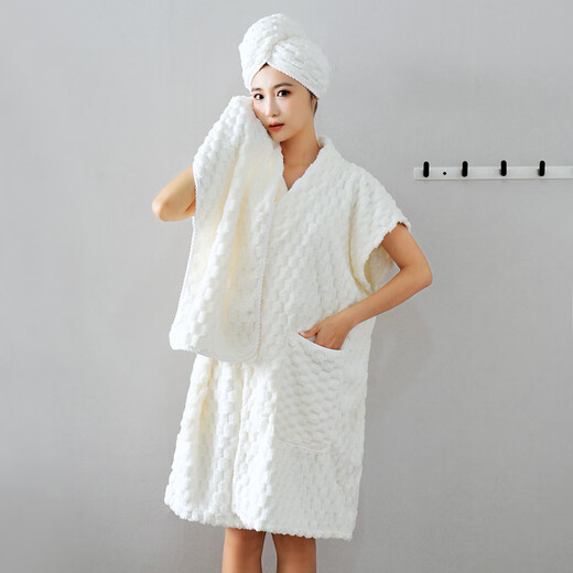 Coral velvet bathrobe is soft and thickened. Adult couple's home pajamas for men and women can wear bathrobes with straps and long-sleeved bath skirts. Cream rice 25*60cm hair drying cap
