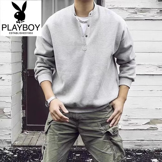 Playboy (PLAYBOY) Japanese retro autumn and winter men's Henry collar long-sleeved bottoming shirt casual loose pullover sweatshirt thickened large size men's trendy gray model high quality regular M