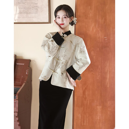 Clothing sample Retro black velvet cheongsam long-sleeved 2025 autumn slimming waist temperament dress daily style 557 L