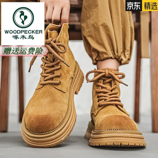 啄木鸟春夏款男鞋翻毛皮马丁靴男高帮厚底英伦风工装男款大黄靴2025新款 驼色 39