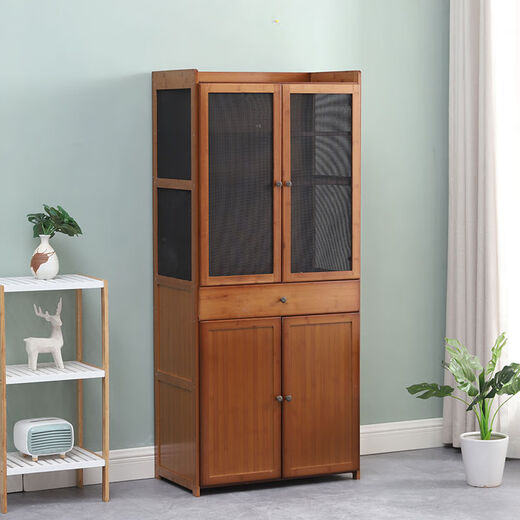 Kitchen cupboard multi-layer storage household storage cabinet simple kitchen cabinet solid bamboo wood economical microwave oven cabinet original color height 16859 draw diamond mesh replacement 4 doors