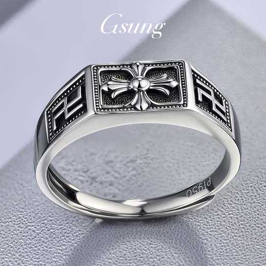 GsunG platinum cross swastika ring for men PT950 pure platinum fashionable black gold wide face ring for men priced by gram contact before bidding