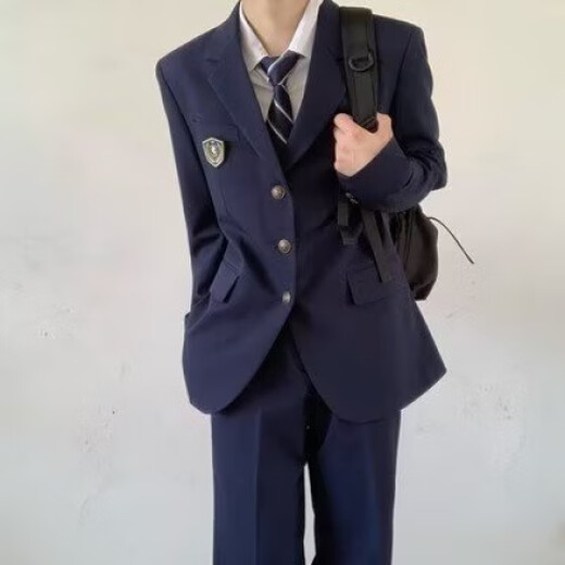 Lu classmate boys dk uniform suit suit loose handsome spring and autumn photo performance class uniform suit jacket trendy navy blue (suit/shirt/tie) XL