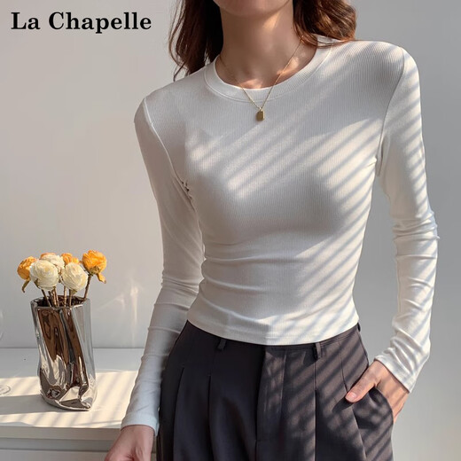La Chapelle American style right-shoulder bottoming shirt long-sleeved T-shirt for women 2026 spring and autumn new style inner slim-fitting top white M