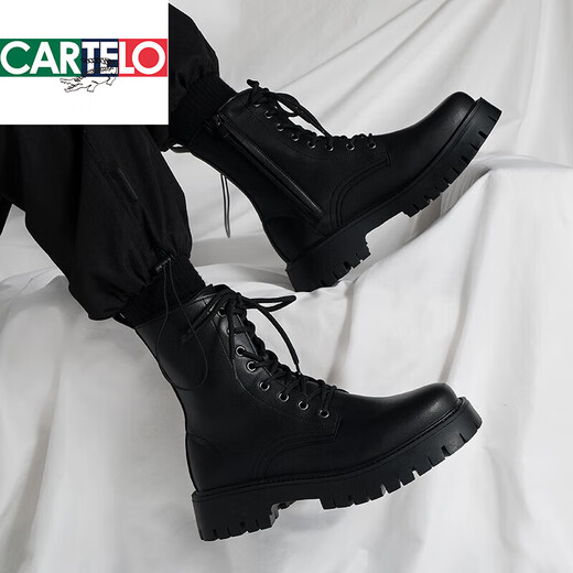 卡帝乐鳄鱼（CARTELO）英伦风ins黑色马丁靴男潮流春秋新款真皮工装机车靴韩版高帮靴子 黑色+内增高 41