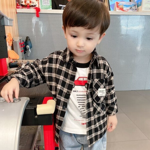 Pisces Rabbit (SHUAGNYUTU) boys' shirt spring and autumn handsome children's shirt long-sleeved baby plaid top Korean style spring style thin coat black plaid spring and autumn 90