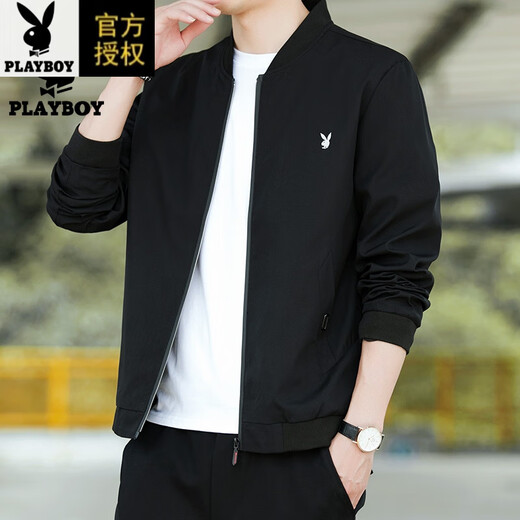 Playboy (PLAYBOY) pure cotton jacket men's spring and autumn casual thin breathable baseball uniform versatile slim top middle-aged men's jacket 2030 black (spring and autumn) 2XL 135-150Jin Jin equals 0.5 kg