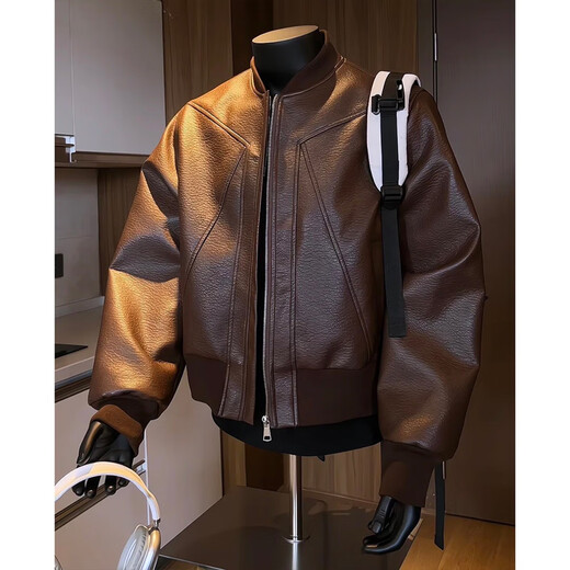Jufeng American deconstructed short leather jacket men's high-end handsome motorcycle baseball uniform trendy brand workwear bomber jacket black quality upgrade XL 130-150Jin Jin equals 0.5 kg can be worn