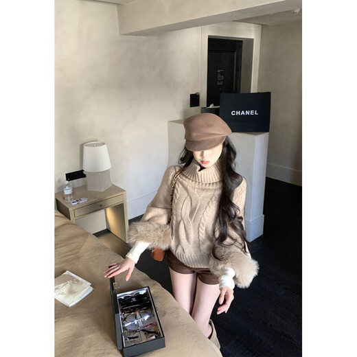 Fan Hao cuffs imitation fox fur turtleneck wool blended twist sweater bottoming a-line shorts for women khaki sweater S
