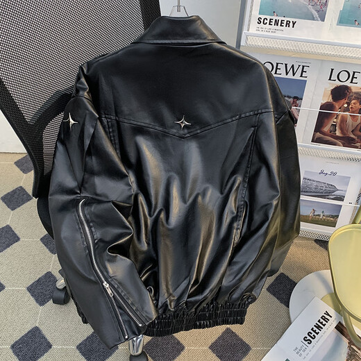 Will not American retro PU leather jacket men's spring and autumn trendy brand hiphop loose casual hip-hop zipper lapel jacket black M