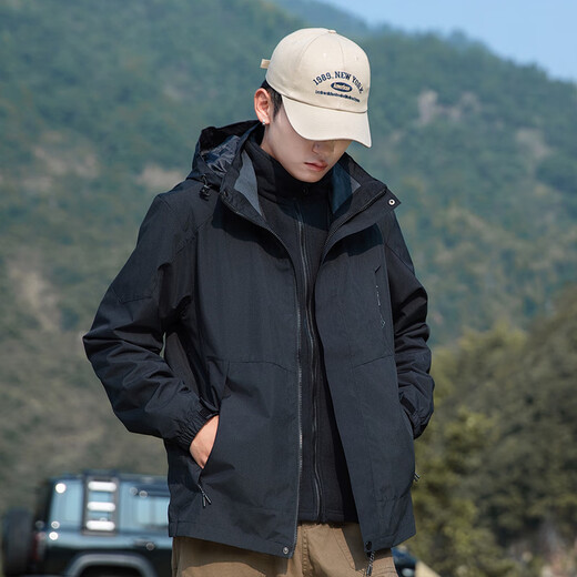 Cotton jacket for men and women, three-in-one windproof outdoor two-piece fleece jacket, men's mountaineering jacket, gray black XL