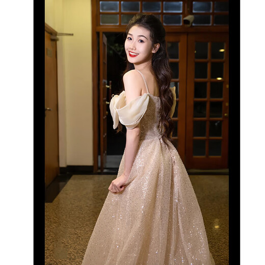 ACJK champagne color evening dress light luxury niche high-end student day art exam adult ceremony host stunning temperament one shoulder picture color THN037 2XL