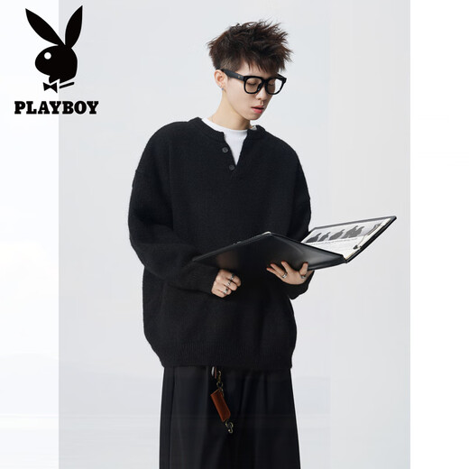 Playboy (PLAYBOY) American Heavy Henley Collar Bottoming Knitted Sweater Men's Autumn Handsome Loose Lazy Style Pullover Sweater Black L