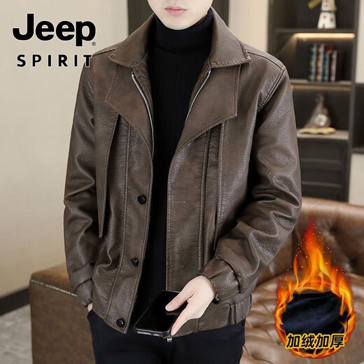 JEEP SPIRIT fake two-piece men's leather jacket 2025 new winter velvet warm casual motorcycle leather jacket top high-end black velvet M 100-120Jin Jin equals 0.5 kg