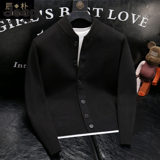 JEEP SPIRIT Jeep 2025 autumn and winter new solid color stand-up collar knitted cardigan jacket men's off-style versatile sweater Henry collar knitted black M 100-115Jin Jin equals 0.5 kg