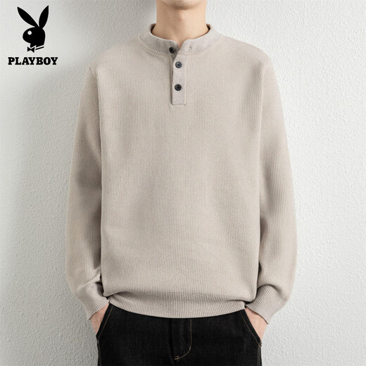 Playboy (PLAYBOY) three-button American Henry collar pullover sweater for men, autumn and winter 2025 new door tube collar bottoming shirt, dark gray M, weight range 90-115Jin Jin is equal to 0.5 kg