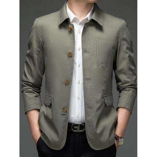 BESNOS spring and autumn pure cotton windbreaker men's short business casual middle-aged and elderly men's dad jacket thin jacket top light khaki M /170 (suitable for 110-135Jin Jin equals 0.5 kg)