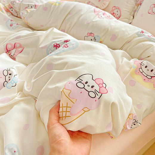 Four-piece bedding set of pure cotton for home maternal and infant grade double-layer gauze sheets and quilt cover for single student dormitory three-piece set Sweetheart KT 1.8m bed quilt cover 180*220 bed sheet 230*230 pillowcase 2