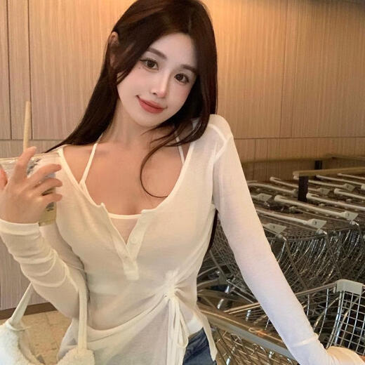 He Jianbing blouse, lazily style, v-neck, long-sleeved T-shirt, scheming t-shirt, women's early autumn long-sleeved v-neck short top, small design sense, white top, two-piece set, L 2L, 14117Jin[Jin equals 0.5 kg]