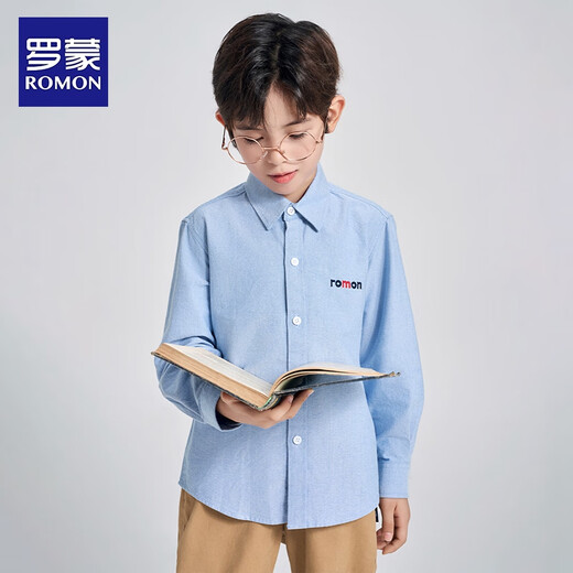 Luo Meng children's clothing boys' shirt new spring and autumn college style embroidered long-sleeved campus uniform blue shirt blue 130