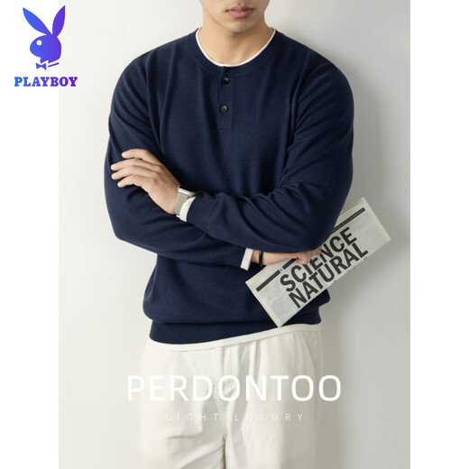 PLAYBOY Premium Sheep Wool & Modal Old Money Style Contrast Color Henley Collar Sweater Men's Spring and Autumn Skin Friendly Sweater Men Black M